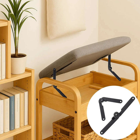 Two Pack 180 Degree Lid Support Hinges Black Rotatable Folding Heavy Duty Locking Hinges installed on wooden furniture