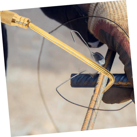 Portable Rebar Tie Tool With Non Slip Handle And Curved Hook For Quick Safe Wire Twisting On Construction Sites shown in use