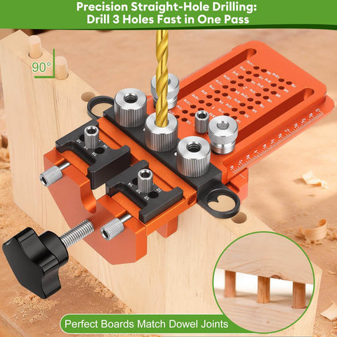 Adjustable Dowel Jig Kit with quick positive stop and clamp for precision woodworking, fits 1/4 3/8 1/2 inch dowel holes