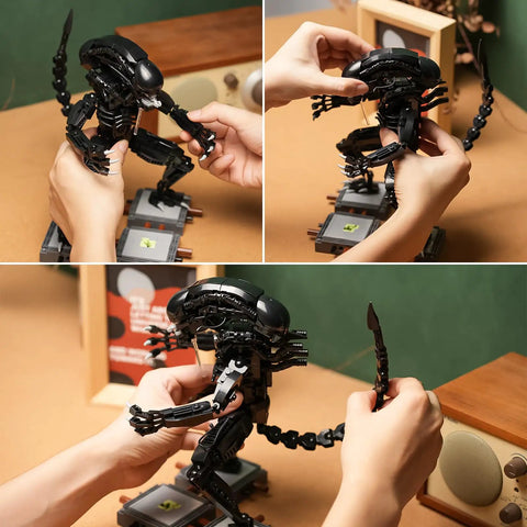 Xenomorph Action Figure Building Set With 616 Pieces, Lego Size Compatible Halloween Model, Great For Collectors And Family Fun, Step By Step Instructions For Easy Assembly And Creative Play, assembled black figure with movable tail