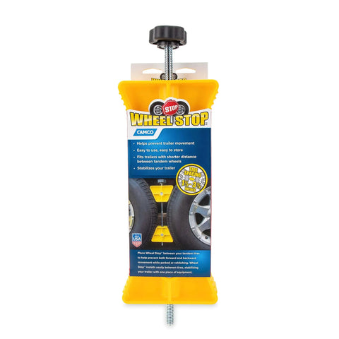 RV Wheel Stop For Trailers Lightweight Heavy Duty Tire Stabilizer with rubber handle; yellow, shown in packaging.