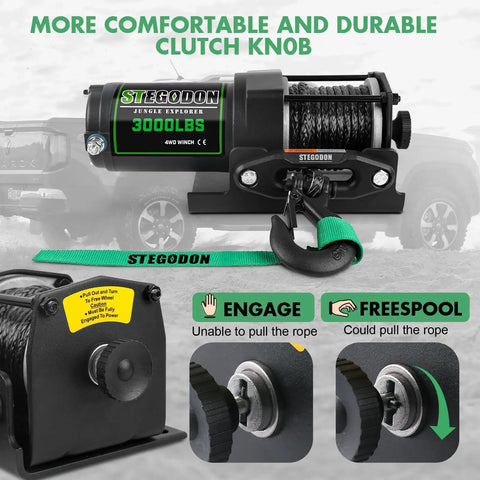 Beast 3000Lb 12V Electric ATV UTV Winch with synthetic rope, showing clutch knob and details of engage and freespool functions.