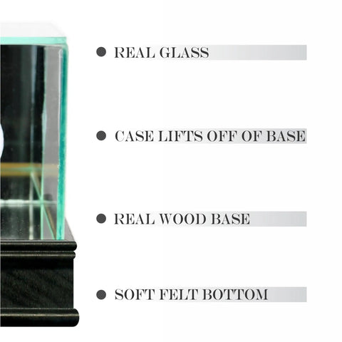 Close-up of Hole In One Golf Ball Display Case with real glass, wood base, and soft felt bottom, emphasizing 1.5 inch sport moulding.