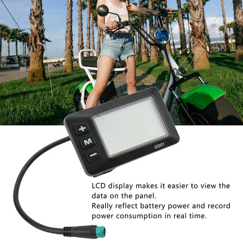 Electric LCD Display GD01 For 36V 48V Systems With 5 Pin Plug, visible on electric bike, fits 22.2mm handlebars, durable plastic.