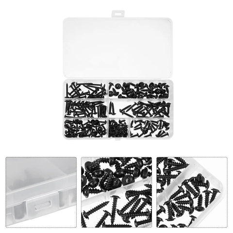 210 Piece Carbon Steel Self Tapping Screws Kit With Washer Pan Head Cross Drive Full Thread M3.0 To M4.8 Black Finish