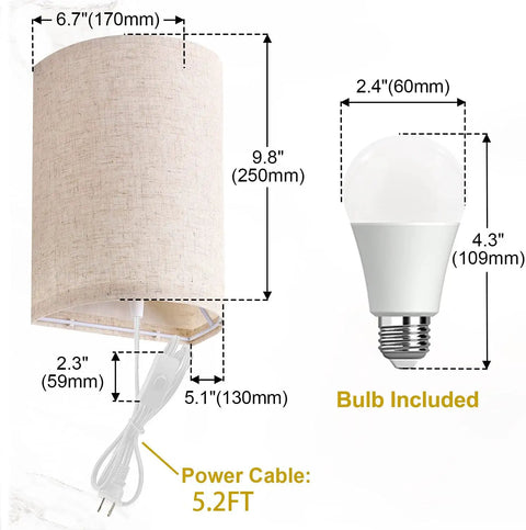 Set Of Two Wall Sconces With Plug In Power, 3 Way Dimmable Lighting In 2700K 4000K And 5000K, dimensions and bulb included