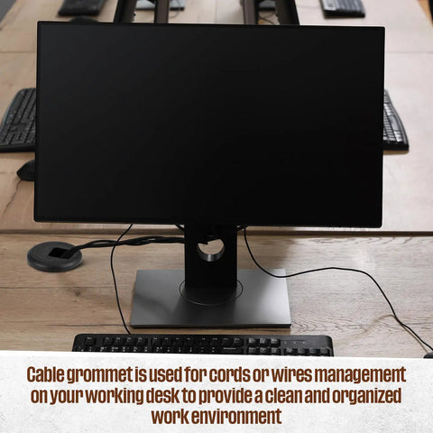 10 Pack Desk Grommets Plastic Cable Hole Covers For Wire Management Black 1 Inch Grommets shown on a desk with monitor
