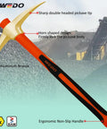 Non-Sparking Railroad Pick Axe With Fiberglass Handle For Weeding Prying And Digging 910mm Aluminum Bronze Anti-Slip Ergonomic Grip Shock-Absorb Hand Guard Workhorse For Petrochemical Industry And Boat Maintenance displayed with ergonomic non-slip handle and double-headed tip.