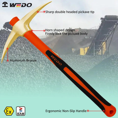 Non-Sparking Railroad Pick Axe With Fiberglass Handle For Weeding Prying And Digging 910mm Aluminum Bronze Anti-Slip Ergonomic Grip Shock-Absorb Hand Guard Workhorse For Petrochemical Industry And Boat Maintenance displayed with ergonomic non-slip handle and double-headed tip.