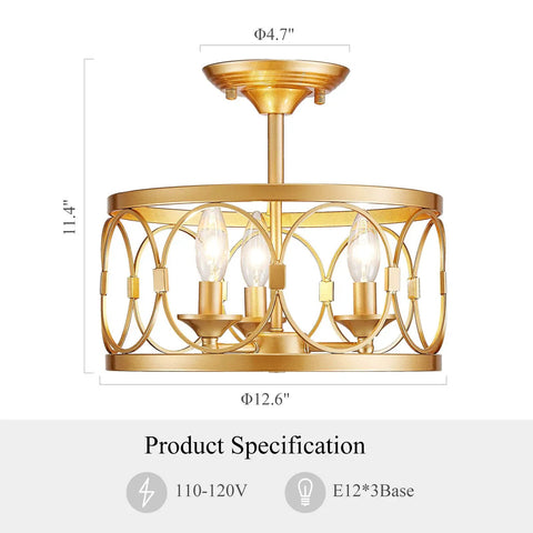 3 Light Farmhouse Semi Flush Mount Ceiling Light With Gold Finish For Kitchen Hallway Living Room And Bedroom, 12.6 D x 11.4 H