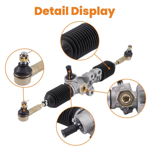 Close-up of EZGO RXV Golf Cart Steering Gear Box Assembly Rack And Pinion For 2008 Up Gas And Electric Carts With Tie Rod Ends Replacement OEM 601500 618329 Beefed Up For Smooth Handling And Reduced Steering Play showing detailed parts