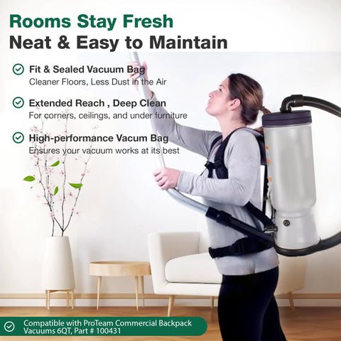 Person using ProTeam 6QT vacuum with High Efficiency Replacement Vacuum Bags, 50 Pack, Part 100431 in a living room.