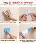 Instructions for Hella Cute 10 Pack Heart Wall Hooks Super Sturdy Adhesive Mount Easy No Sweat Install Rust Resistant Stainless Steel.