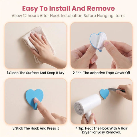 Instructions for Hella Cute 10 Pack Heart Wall Hooks Super Sturdy Adhesive Mount Easy No Sweat Install Rust Resistant Stainless Steel.