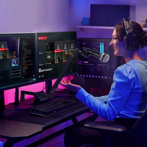 Badass Low Profile Microphone Boom Arm Stand For Gaming Streaming Podcasting With Smooth Swivel And Anti Vibration Cushion Mount in use