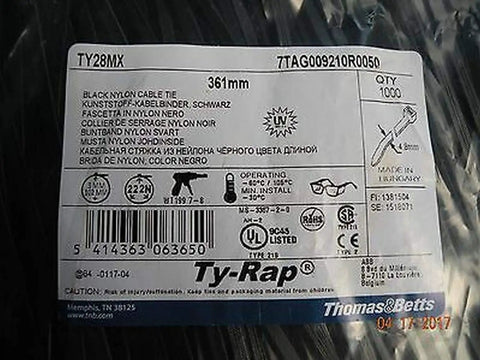 Label of Black Ultraviolet Resistant 14 Inch Cable Tie TY28MX With Low Profile Oval Head detail, showing specs and certifications.