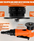 Orange 2-in-1 mini pneumatic chamfering tool with adjustable disc and 1/4 in air inlet, side view.