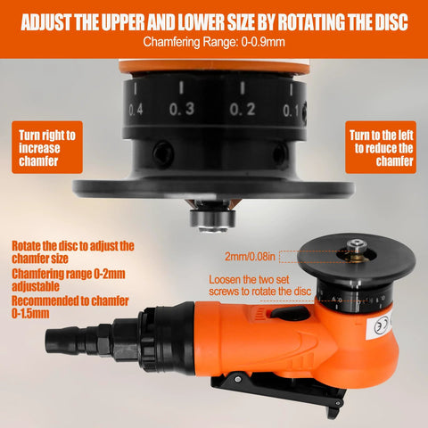 Orange 2-in-1 mini pneumatic chamfering tool with adjustable disc and 1/4 in air inlet, side view.