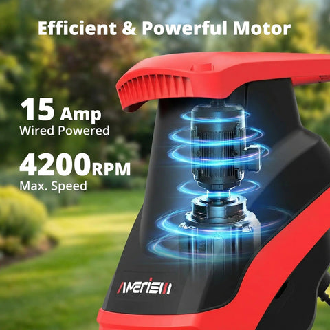 Close-up of Powerful 15 Amp Electric Wood Chipper Shredder With 4200 RPM, highlighting efficient motor with glowing design