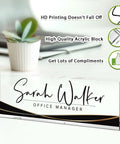 Personalized Acrylic Desk Name Plate With Custom Text For Your Name Or Title, Sleek Black Stripe Office Decor next to plant