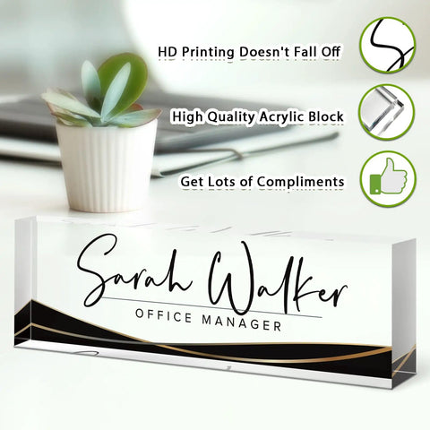 Personalized Acrylic Desk Name Plate With Custom Text For Your Name Or Title, Sleek Black Stripe Office Decor next to plant