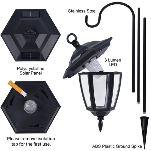 Exploded view of Solar Hanging Lights For Outdoors, 2 Pack With 38 Inch Shepherd Hooks, Waterproof Garden Lanterns components.