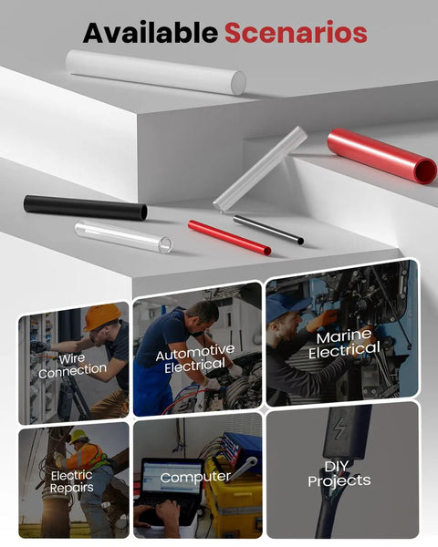 Variety of heat shrink tubing for different applications like marine electrical, automotive, and DIY; includes colorful tubing options.