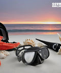 Low Volume Dive Mask For Free Diving Spearfishing And Scuba With Tempered Glass Lenses, on beach with starfish and seashells