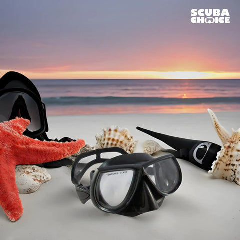 Low Volume Dive Mask For Free Diving Spearfishing And Scuba With Tempered Glass Lenses, on beach with starfish and seashells