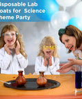 Kids wearing Ten Pack Kids Disposable Lab Coats White Science Coats With Elastic Knit Cuffs And Front Snap Fasteners laughing at science party