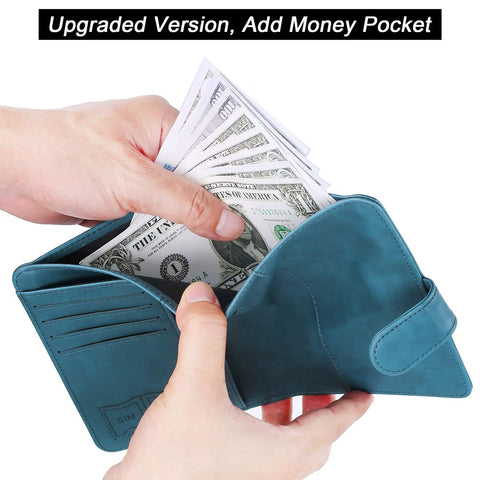 Blue leather Passport Holder With AirTag Slot And RFID Blocking Leather Wallet For Travel, showing money pocket feature