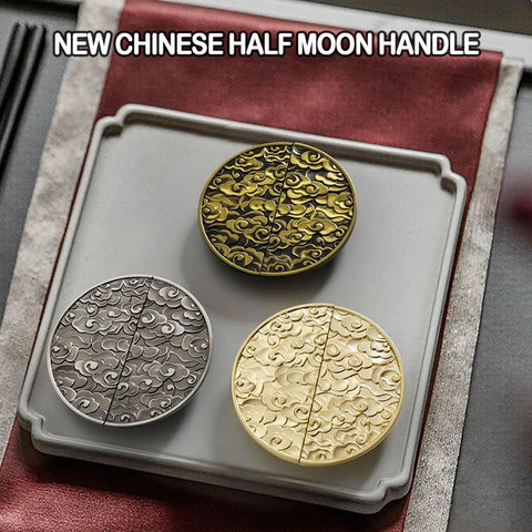 Antique Half Moon Cabinet Pulls 2 Pack In Gold Semicircle Zinc Alloy Drawer Handles with Chinese Pattern on Display