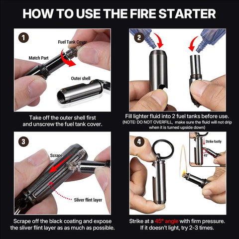 Instructions for using Two Pack Bullet Permanent Match Lighter with bottle opener, glass breaker, and keychain, showing steps for ignition.