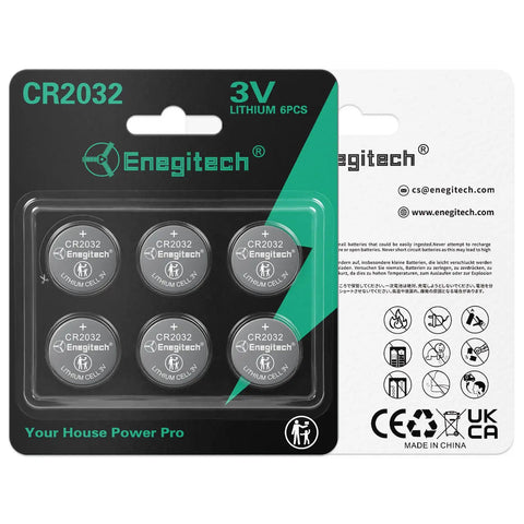 Top Shelf CR2032 Batteries Six Pack Workhorse Three Volt Lithium Coin Cells in packaging for key fobs and watches.