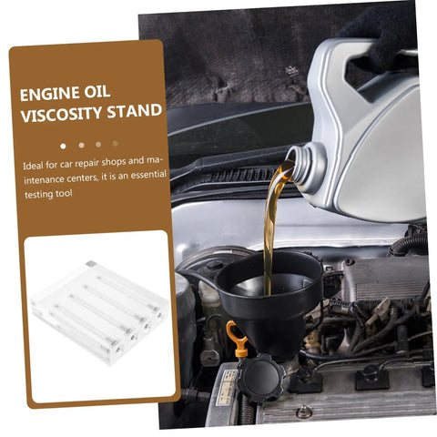 Engine Oil Viscosity Testing Stand And Acrylic Oil Comparator Tool For Auto Maintenance And Car Repair, Ideal For Pro Shops And DIY Garages, Durable, Easy To Use, Precision For Diagnostics, with engine oil pouring into a funnel