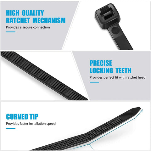 Heavy Duty 12 Inch Zip Ties 100 Pack Black 50 Lb UV Resistant Nylon Cable Ties featuring ratchet mechanism and locking teeth