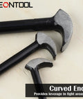 Heavy Duty Rolling Head Indexing Pry Bar Set Three Piece Carbon Steel Kit with curved ends for leverage in tight areas.