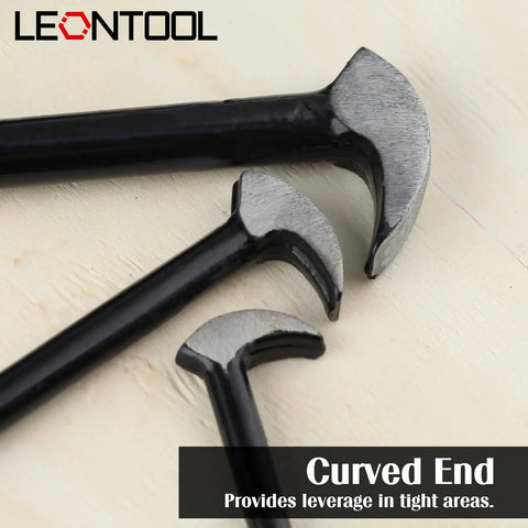 Heavy Duty Rolling Head Indexing Pry Bar Set Three Piece Carbon Steel Kit with curved ends for leverage in tight areas.
