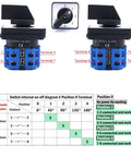 Diagram and dual view of 5 Position Changeover Selector Switch LW26-20-4/2 Latching Rotary Cam Controller with 8 Terminals, 550V 20A