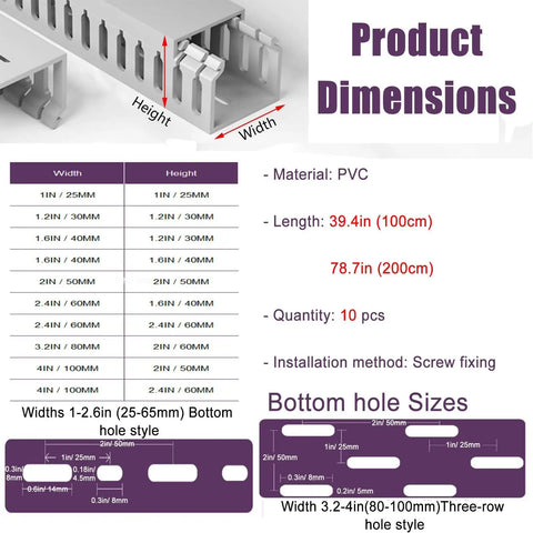 Dimensions and sizes of Open Slot Cable Raceway Kit With Reverse Snap Cover, 10 pack, PVC material, lengths 39.4 to 78.7 inches.