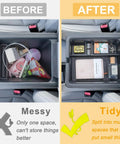 Before and after photo showing the use of 2-Piece Center Console Organizer and Armrest Divider Set for 2023-2026 Honda Pilot, 2024-2026 Passport and Ridgeline in cabin