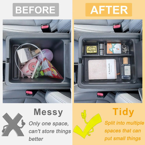 Before and after photo showing the use of 2-Piece Center Console Organizer and Armrest Divider Set for 2023-2026 Honda Pilot, 2024-2026 Passport and Ridgeline in cabin