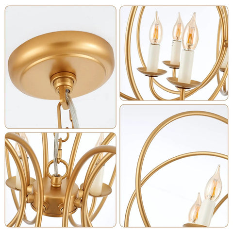 Modern Chandelier With Antique Brass Brush Finish And Geometric Shade, 8 gold ring pendant, close-up views of design details