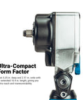 Badass Ultra Compact 3/8 Inch Flex Head Air Impact Wrench Boasting Dope 369 Foot Pounds Of Torque For Cramped Corners And Greasy Auto Repair Jobs Smooth Pneumatic Power Tool, showing side view with compact dimensions.