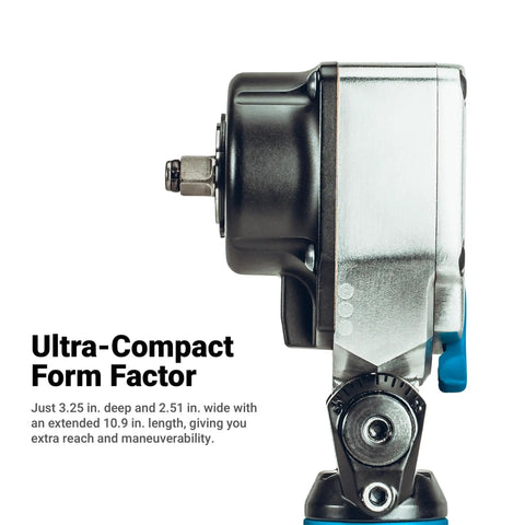 Badass Ultra Compact 3/8 Inch Flex Head Air Impact Wrench Boasting Dope 369 Foot Pounds Of Torque For Cramped Corners And Greasy Auto Repair Jobs Smooth Pneumatic Power Tool, showing side view with compact dimensions.