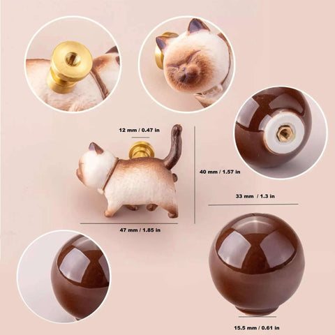 Cute Cat And Ball Drawer Knob Set For Cabinets And Drawers With 22mm Mounting Screws detailed cat and ball shapes measurements