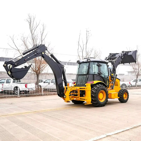 Yellow heavy duty backhoe loader with built tough attachments for construction, agriculture, and farm work, foldable bucket extended.