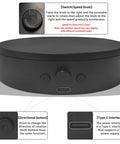 ComXim 4.53 Inch Black Rotating Display Stand Electric Turntable controls, including speed knob and directional button on a compact platform.