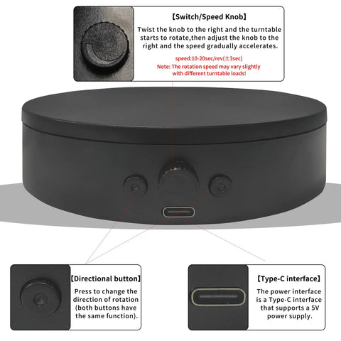 ComXim 4.53 Inch Black Rotating Display Stand Electric Turntable controls, including speed knob and directional button on a compact platform.