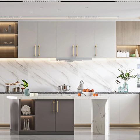 Modern kitchen with 10 Pack 5 Inch Brushed Gold Cabinet Pulls For Kitchen Cabinets And Cupboards, installed on gray doors.